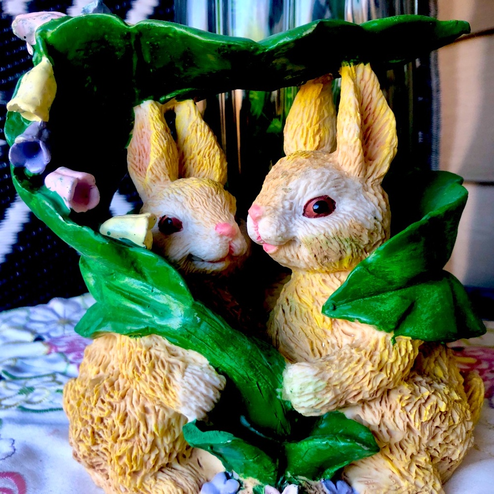 Rare Find- SNUGGLE BUNNIES FIGURINE, FEATURES TWO BUNNIES UNDER A LEAF.